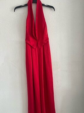 Red Halter Jumpsuit with Draped V-Neck
